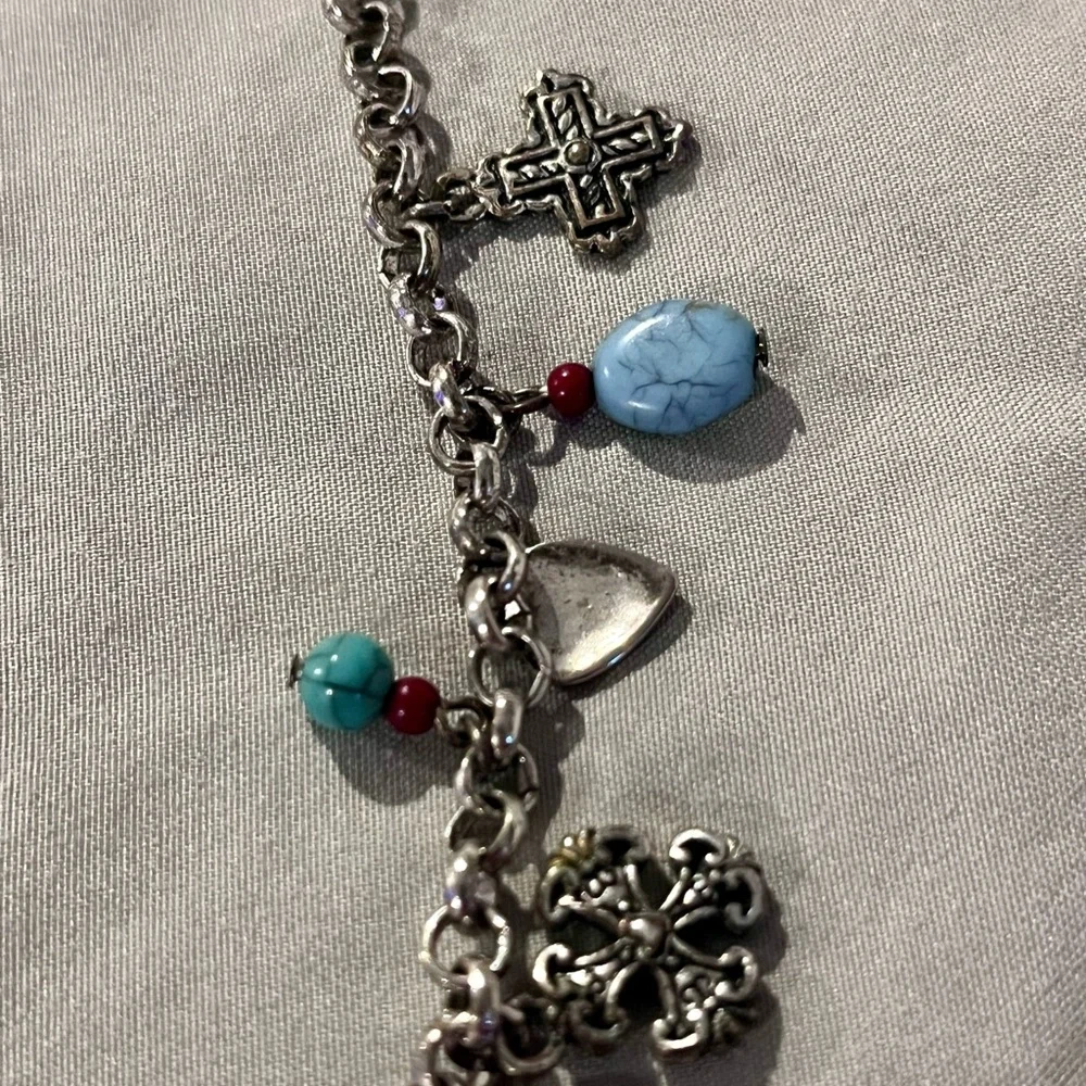 Premier Design Silver-Tone Charm Heart & Bead Necklace - Blue & Red Accents - Picture 2 of 5